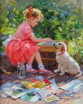 動物 Painting - 少女と犬 KR 005 ペットキッズ